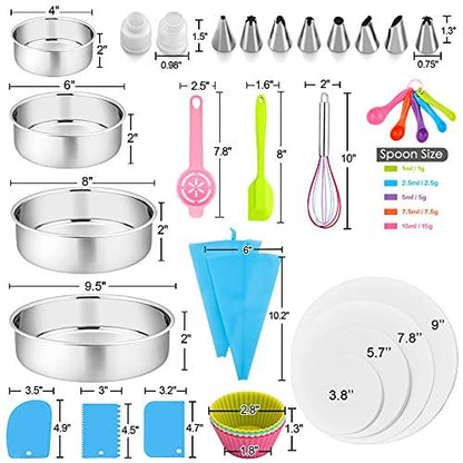 P&P CHEF 153Pcs Cake Baking Pan Set Decorating Supplies Kit, Stainless Steel 4/6/8/9.5 Inch Cake Pans with Icing Tips Tools, Parchment Papers, Whisk, Egg Separator, Muffin Cups, Measuring Spoon - CookCave