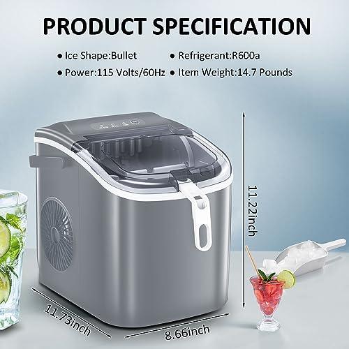 Antarctic Star Countertop Ice Maker Portable Ice Machine, Basket Handle,Self-Cleaning, 26Lbs/24H, 9 Ice Cubes Ready in 6 Mins, S/L ice, for Home Kitchen Bar Party (Gray) - CookCave