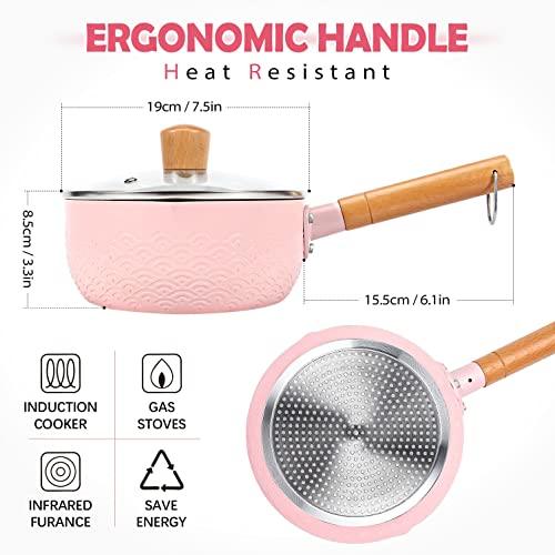 2.1 Quart Saucepan Set with Lid, Nonstick Aluminum Sauce Pot, Induction Compatible Small Cooking Pots with Silicone Spatulas for Milk, Soup, Pasta, Egg, Rice (PINK) - CookCave