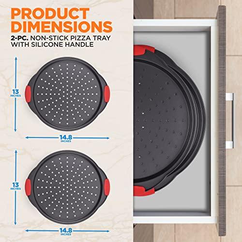 NutriChef Non-Stick Pizza Tray - with Silicone Handle, Round Steel Non-stick Pan with Perforated Holes, Premium Bakeware, Pizza Tray with Silicone and Oversized Handle, Dishwasher Safe - NCBPIZ3 - CookCave