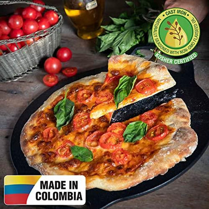 Victoria 15-Inch Cast Iron Comal Pizza Pan with 2 Side Handles, Preseasoned with Flaxseed Oil, Made in Colombia - CookCave