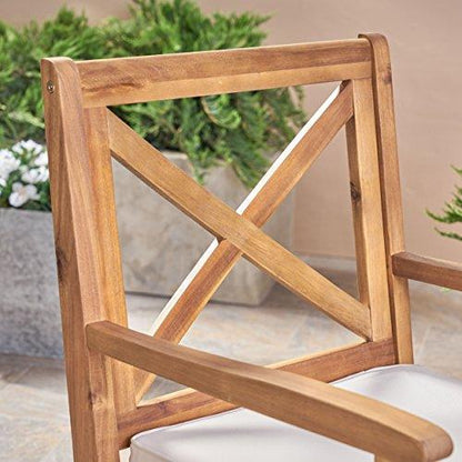 Christopher Knight Home Peter | Outdoor Acacia Wood Dining Chair Set of 2, Teak/Cream Cushion - CookCave