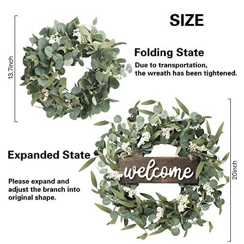 Sggvecsy Green Artificial Eucalyptus Wreath with Welcome Sign 20in Spring Summer Wreath with White Berries for Front Door Wall Window Festival Farmhouse Porch Patio Garden Decor - CookCave