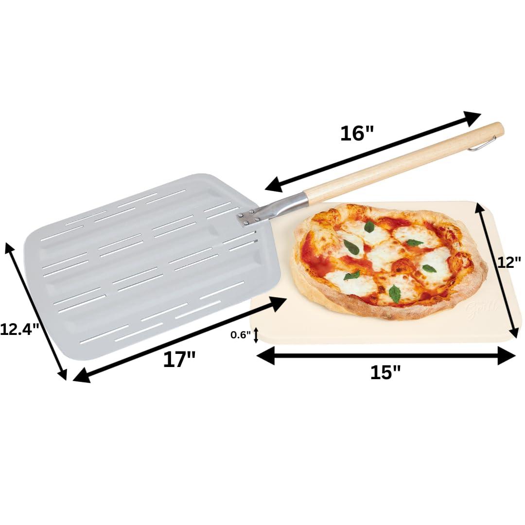 Hans Grill Pizza Stone PRO XL Baking Stone For Pizzas use in Oven, Grill or BBQ FREE Long Handled Anodised Aluminium Pizza Peel | Rectangular Stone 15 x 12" Inches | For Pies, Pastry, Bread, Calzone - CookCave