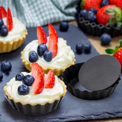 Dwlire 8 PCS Egg Tart Pans, 3 In Mini Tart Pans with Loose Botttom, Nonstick Mini Tart Shells, Quiche Mini Fluted Tart Tins Carbon Steel Tartelette Pan for Baking, Pies, Mousse Cakes, Dessert, Black - CookCave