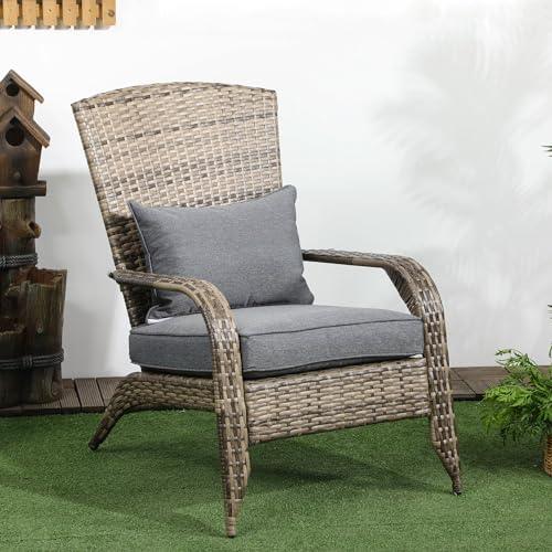 Outsunny Patio Wicker Adirondack Chair, Outdoor All-Weather Rattan Fire Pit Chair w/Soft Cushions, Tall Curved Backrest and Comfortable Armrests for Deck or Garden, Charcoal Gray - CookCave