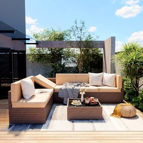 Pamapic Patio Furniture Set, 7 Pieces Modular Outdoor Sectional, Wicker Patio Sectional Sofa, Rattan Conversation Set with Coffee Table and Washable Cushions Covers, Brown Rattan(Beige Cushions) - CookCave