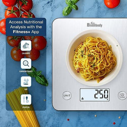 Bisonbody Digital Food Kitchen Scale with Smart App – Large Kitchen Scale with 201 Stainless Steel Surface 5 Unit Conversions Tare Function – Digital Kitchen Scale App to Track Nutritional Information - CookCave