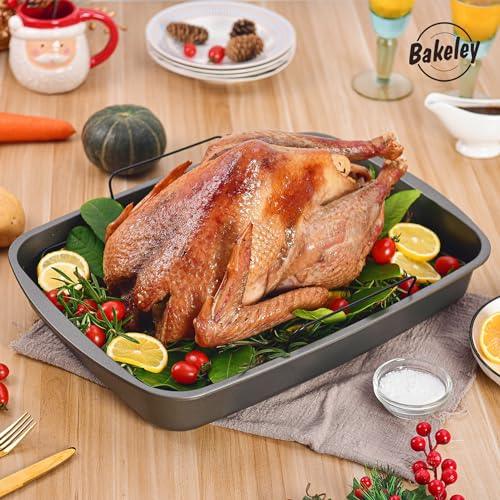 Bakeley Roasting Pan, Nonstick Roaster Pan with Rack, Turkey Roasting Pan with V Rack, 19 Inch x 13 Inch, Black - CookCave