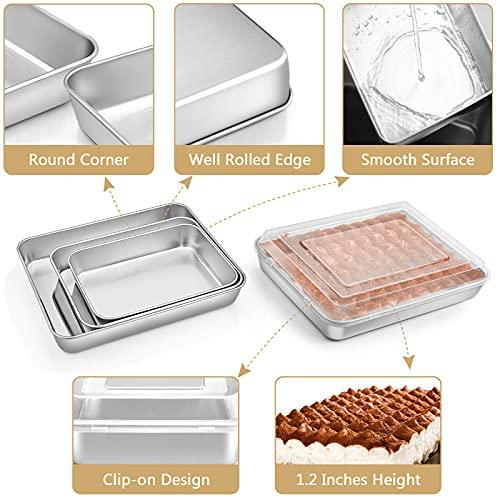 E-far Baking Pan with Lid(12.4/10.4/9.4 inch), Stainless Steel Rectangular Sheet Cake Pans with Cover, Metal Bakeware Sets for Lasagna Casseroles Brownie, Non-toxic & Dishwasher Safe - 3 Pans + 3 Lids - CookCave