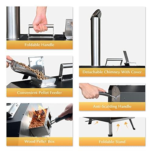 KitchenBoss Pizza Oven Wood Fired: Pellet Pizza Oven Outdoor Rapid Heating 12 inch, Portable Stainless Steel Pizza Grill with Rotating Stone and Complete Accessories for Outside Backyard Camping Black - CookCave