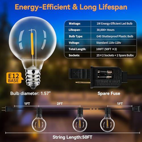 100ft 2-Pack Outdoor String Lights Waterproof/Connectable/Dimmable with 52 LED Shatterproof Bulbs, UL Listed Globe G40 String Lights 2700K Outdoor Lighting for Patio Backyard Cafe Party Wedding Garden - CookCave