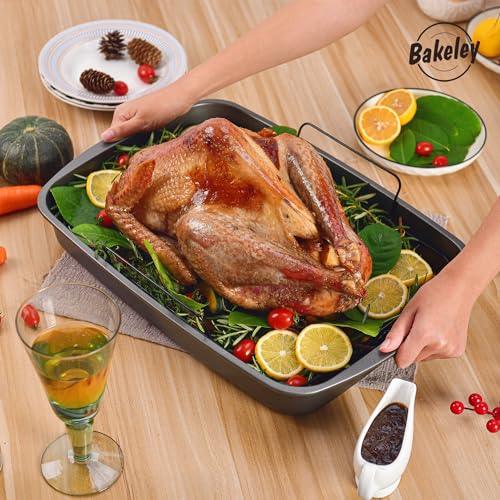 Bakeley Roasting Pan, Nonstick Roaster Pan with Rack, Turkey Roasting Pan with V Rack, 19 Inch x 13 Inch, Black - CookCave