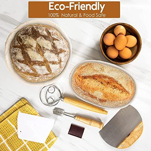 ECOMERR 9” Banneton Bread Proofing Basket - Set of 2 Round & Oval Rattan Proofing Baskets for Sourdough Bread Baking with Bread Lame + Steel & Plastic Dough Scraper + Linen Liner Cloth + Dough Whisk - CookCave