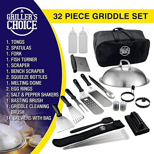 Grillers Choice 32 Piece Griddle Accessories Set Metal Spatulas - Commercial Heavy Duty Stainless Steel,Flat Top,Grill,Indoor-Outdoor,Hibachi,BBQ Grilling Utensils- Designed by Chef and BBQ Judge - CookCave