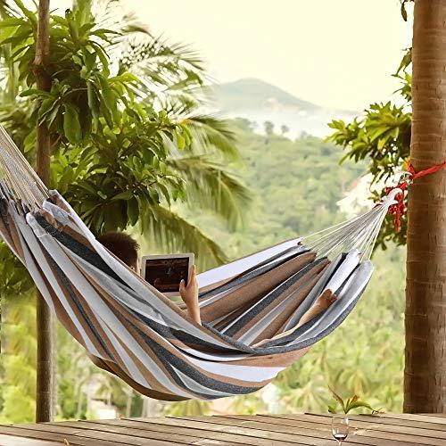 ROOITY Double Hammock Brazilian Hammocks with Portable Carrying Bag,Soft Woven Fabric, Up to 450 Lbs Hanging for Patio,Trees,Garden,Backyard,Porch,Outdoor and Indoor XXX-Large Brown&Grey Stripe - CookCave