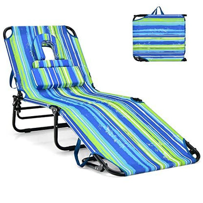 GYMAX Tanning Chair, 350lbs Beach Lounge Chair with Face Hole, Detachable Washable Pillow & Carry Strap, Adjustable Folding Chaise Lounge, Layout Chair for Outside, Patio, Poolside, Lawn (1, Stripe) - CookCave