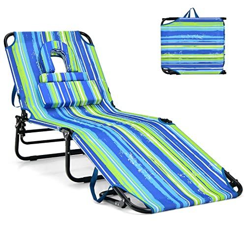 GYMAX Tanning Chair, 350lbs Beach Lounge Chair with Face Hole, Detachable Washable Pillow & Carry Strap, Adjustable Folding Chaise Lounge, Layout Chair for Outside, Patio, Poolside, Lawn (1, Stripe) - CookCave