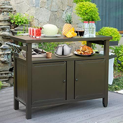 Domi Grill Carts Outdoor with Storage and Wheels, Whole Metal Portable Table and Storage Cabinet for BBQ,Deck,Patio,Backyard (Brown, L45xW20.31xH35.51 Inch) - CookCave