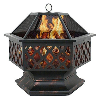 ZenStyle Hex Shaped 24” Fire Pit Outdoor Oil-Rubbed Bronze Heavy Steel Firepit Hexagon Wood Burning Fireplace for Patio, Backyard, Garden, Outdoor - CookCave