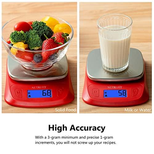 NUTRI FIT Ultra Slim Food Scale Digital Kitchen 1g Increment Measure in lb oz ml High Precision Weight in Grams and oz for Coffee Making, Meal Prep - Red/Stainless Steel - CookCave