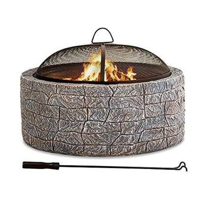 Sunjoy 26 in. Stone Fire Pit, Patio Outdoor Round Wood Burning Fire Pits for Outside with Spark Screen and Poker, Brown & Black - CookCave