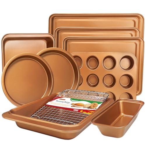 RavisingRidge Baking Pans Set with Nonstick Coating, Professional 10 Pcs Including Cake Pans, Cookie Sheets, Roasting Pan, and Cooling Rack - 0.8mm Thick, Dishwasher Safe, and Heavy Duty - CookCave