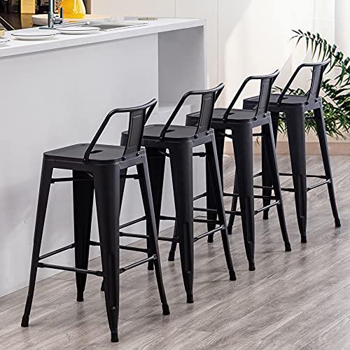 Apeaka 26 inch Metal Bar Stools Set of 4 Modern Counter Height Stools with Backs Low Back Bar Chairs for Indoor Outdoor Matte Black - CookCave