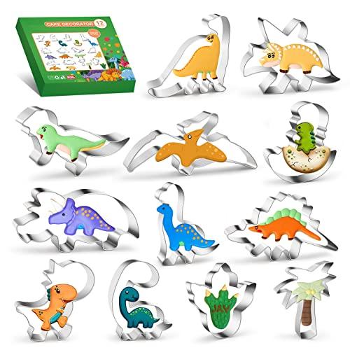 12PCS Dinosaur Cookie Cutters Set - ISZW Stainless Steel Metal Dinosaur Theme Shapes Baking Mold for Kids Baking, Metal Cookie Cutter Molds for Kids Birthday Party DIY Cake Decoration - CookCave