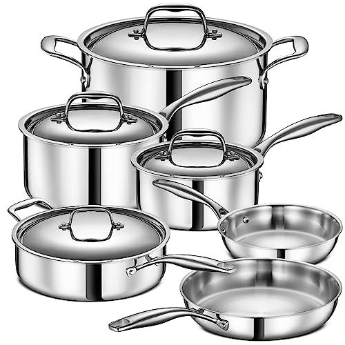 Legend 3 Ply 10 pc Stainless Steel Pots & Pans Set | Professional Quality Cookware Clad for Home Cooking & Commercial Kitchen Surface Induction & Oven Safe | Non-Teflon PFOA, PTFE & PFOS Free - CookCave