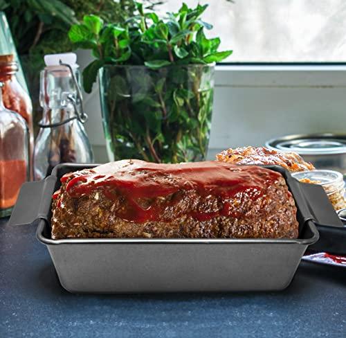 PERLLI Nonstick Meat Loaf Pan Bread Pan with Insert, 2-in-1 Large 9.8" X 5.7" Healthy Coating Nonstick Roaster Pan with Drain Drip Tray, Carbon Steel Gray - CookCave