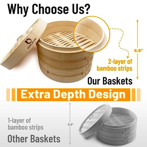 HAPPi STUDIO Bamboo Steamer Basket With Steamer Ring - 10 inch Dumpling Steamer Basket - Large Bamboo Steamer for Cooking Bao Buns, Dim Sum - Chinese Steamer Bamboo Steam Basket - Steaming Basket - CookCave