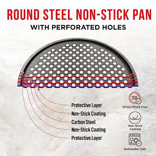 Bakken- Swiss Non-Stick Pizza Pan with Holes - 13-Inch Perforated Pizza Crisper Carbon Steel Pizza Pan - 1 Round Pizza Trays with Silicone Handles PFOA PFOS and PTFE Free - CookCave