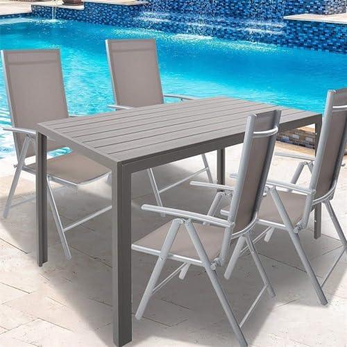 Dporticus Outdoor Dining Table for 6 Person, 55” Weather-Resistant Patio Dining Table with Wood Like Tabletop and Sturdy Aluminum Frame for Outside Indoor Garden Backyard Use, Grey - CookCave