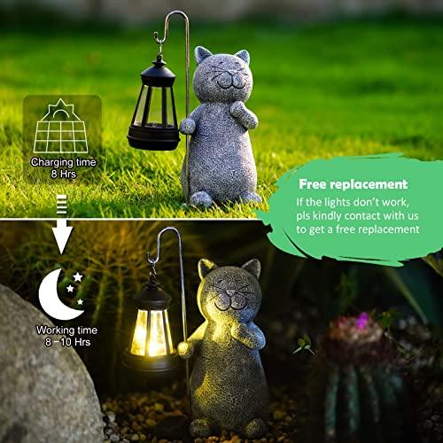 Qeeman Solar Garden Statue Cat Figurine- Garden Art with Solar Lantern, Loving Cat for Patio,Balcony,Yard, Lawn-Unique Housewarming Gift for Garden Mom Grandma - CookCave