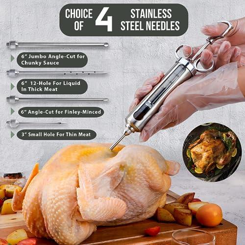 Grillin Pros Advanced Meat Injector Syringe Kit for Smoking & Grilling BBQ | Stainless Steel | Large 2 Oz Visible Capacity | Marinade Brush | Safe Grill Cleaner | Create Juicy Tender Flavor in Seconds - CookCave