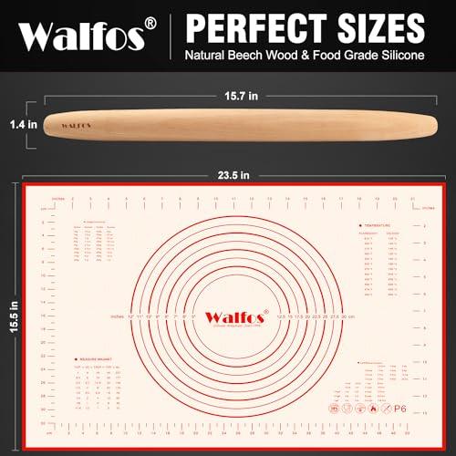WALFOS French Rolling Pin and Silicone Baking Mat Set, Non-Stick Beech Wood Rolling Pin 15.7 Inch and Pastry Mat for Best Pie Crust, Cookie, Pasta and Pizza Dough - CookCave