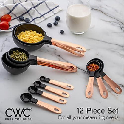 COOK WITH COLOR 12 PC Measuring Cups Set and Measuring Spoon Set with Copper Coated Stainless Steel Handles, Nesting Kitchen Measuring Set, Liquid Measuring Cup Set, Dry Measuring Cup Set (Black) - CookCave