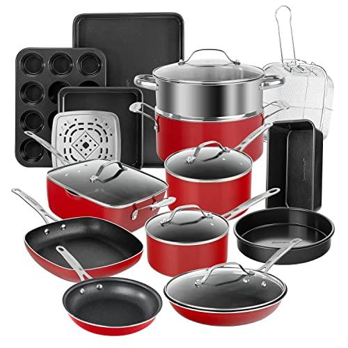 Granitestone Red Pots and Pans Set Nonstick, 20 Pc Kitchen Cookware Set & Bakeware Set with Mineral & Diamond Coating, Long Lasting Nonstick, Ultra Durable, Oven and Dishwasher Safe, 100% Toxin Free - CookCave