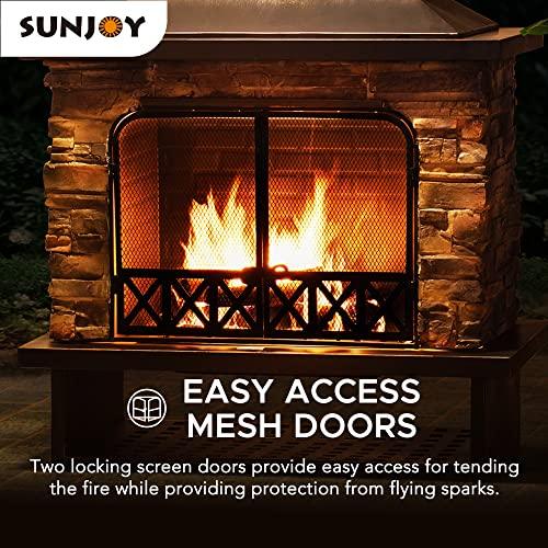 Sunjoy Outdoor Fireplace, Heavy Duty Patio Wood Burning Fireplace with Steel Chimney, Mesh Spark Screen Doors, Removable Grate and Fire Poker, Black - CookCave