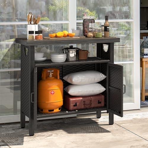 YITAHOME Outdoor Storage Cabinet, Patio Bar Table with Two Doors and Shelves, Weatherproof Wicker Storage Console Table for Outdoor Cushions, Pool Toys and Garden Potting - Black - CookCave