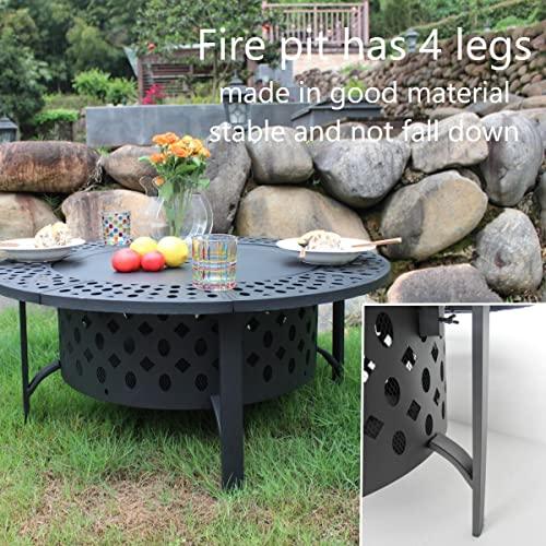OutVue 36 Inch Fire Pit with 2 Grills, Wood Burning Fire Pits for Outside with Lid, Poker and Round Waterproof Cover, BBQ& Outdoor Firepit & Round Metal Table 3 in 1 for Patio, Picnic, Party (36 inch) - CookCave