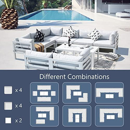 RADIATA 10 Piece All-Aluminum Patio Furniture Sectional Set with Side Table Outdoor Conversation Set Luxury Sofa Set (White) - CookCave