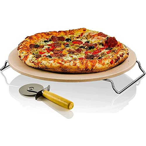 OVENTE Ceramic Flat 13 Inch Pizza Stone Set with Crust Cutter Wheel & Metal Rack/Handle, Compact Easy Storage Portable Baking Grilling Stone Thermal Shock Resistance for Oven Grill BBQ, Beige BW10132 - CookCave