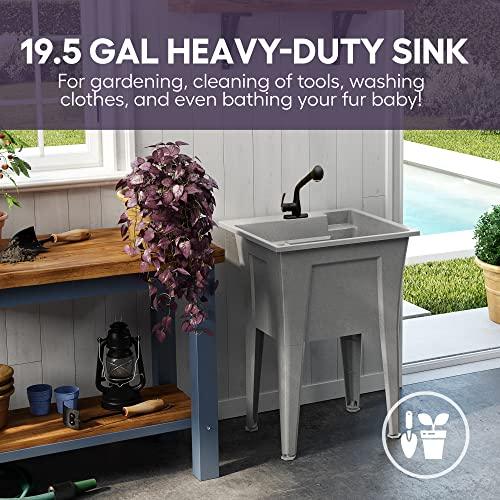 Utility Sink with One-Handle Matte Black Plastic Faucet – Polypropylene Laundry Sink, Grey Garage Sink, Indoor & Outdoor Use – Complete Sink Set by Noah William Home (24” X 22” X 34” 19.5 Gallons) - CookCave