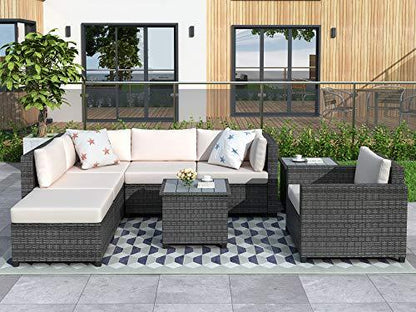 BIADNBZ 8-Piece Patio Furniture Sets All-Weather Wicker Outdoor Sectional Sofa, Rattan Conversation Couch with Ottoman, Armchair, Tea Table and Cushions, for Garden Backyard, Beige - CookCave