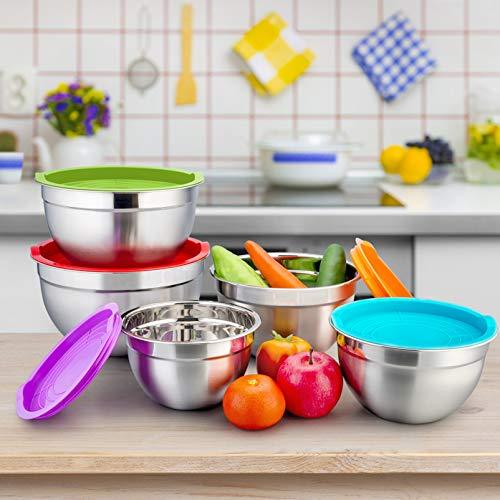 P&P CHEF Mixing Bowl with Lid Set of 5, 10-Piece Stainless Steel Nesting Salad Bowl Set for Prepping, Mixing and Serving, Size 4.6, 3, 1.5, 1, 0.7 QT, Rimmed Edges & Flat Base - CookCave