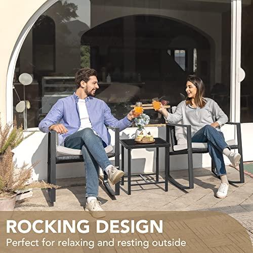 Devoko 3 Piece Rocking Bistro Set Wicker Patio Outdoor Furniture Porch Chairs Conversation Sets with Glass Coffee Table (Beige) - CookCave