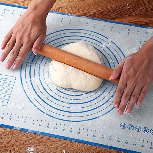 Wood French Rolling Pin for Baking, QUELLANCE Wooden Dough Roller with Silicone Baking Mat, Beech Wood Rolling Pins for Baking Dough, Pizza, Pie, Pastries, Pasta and Cookies,Blue Pastry Mat - CookCave