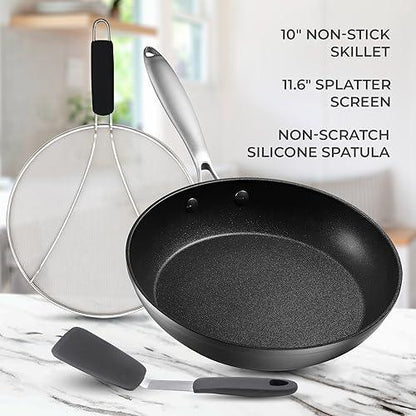 Frying Pans Nonstick - 10" Non Stick Frying Pan with Lid Splatter Screen - Lightweight Aluminum Fry Pan Skillet Includes Spatula - 2" Deep Egg Pan, PFAS-Free and PFOA Free, Dishwasher Safe, Oven Safe - CookCave